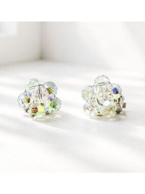Vintage Aurora Borealis Acrylic Crystal Cluster Clip-On Earrings Mid-Century 1 I